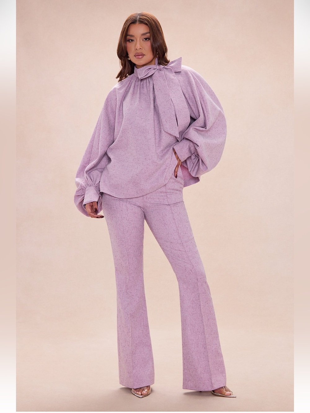 Fashion Nova Lavender Bow-Neck Blouse with Flared Pants